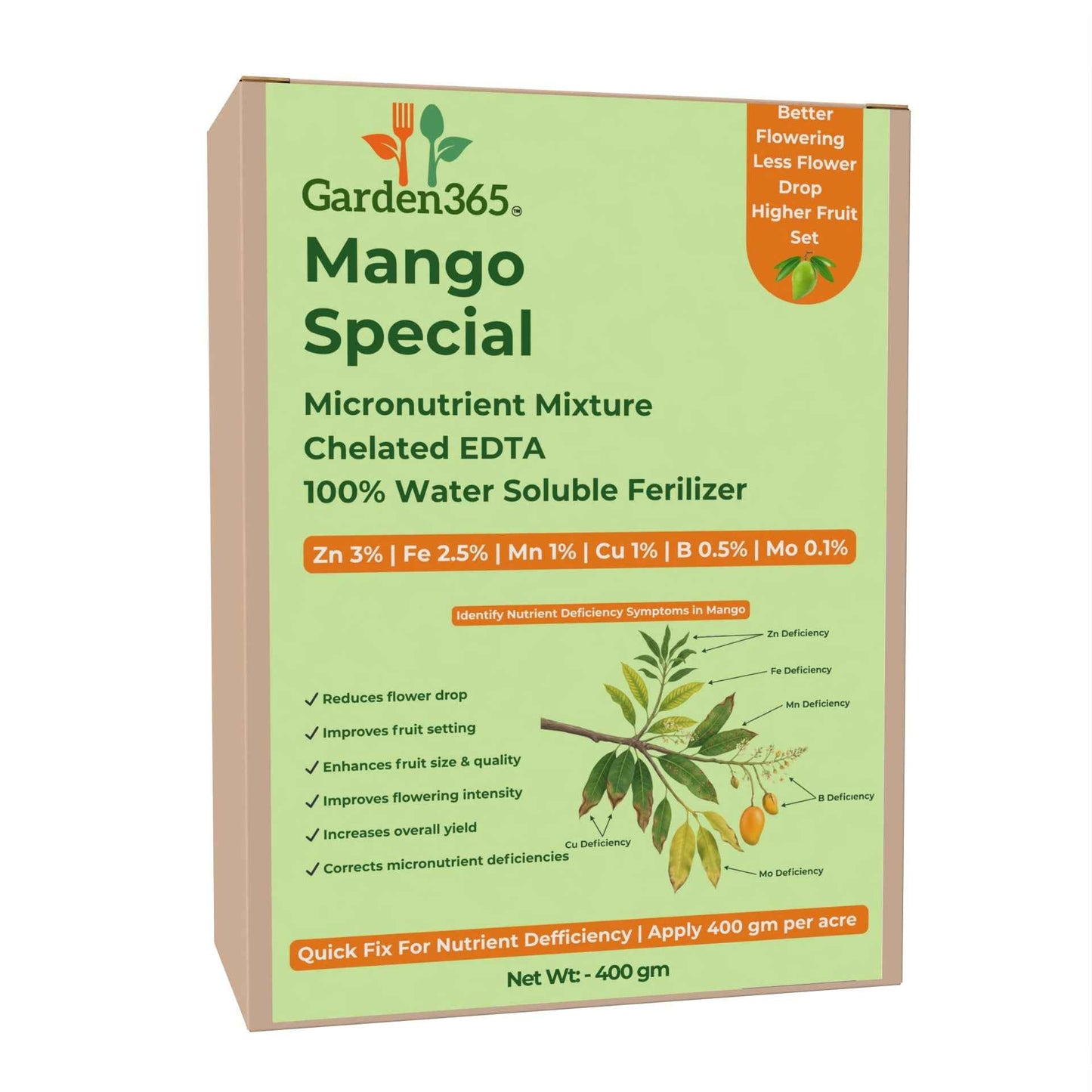 Mango Special Micronutrient Fertilizer  (आम | ಮಾವು | మామిడి | மாம்பழம் | മാമ്പഴം)  EDTA Chelated 100% Water Soluble Fertilizer – 400g per Acre