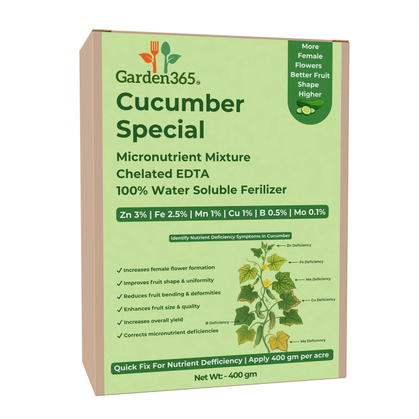 Cucumber Special Micronutrient Fertilizer  (खीरा | ಸೌತೆಕಾಯಿ | దోసకాయ | வெள்ளரிக்காய் | വെള്ളരിക്ക)  EDTA Chelated 100% Water Soluble Fertilizer – 400g per Acre
