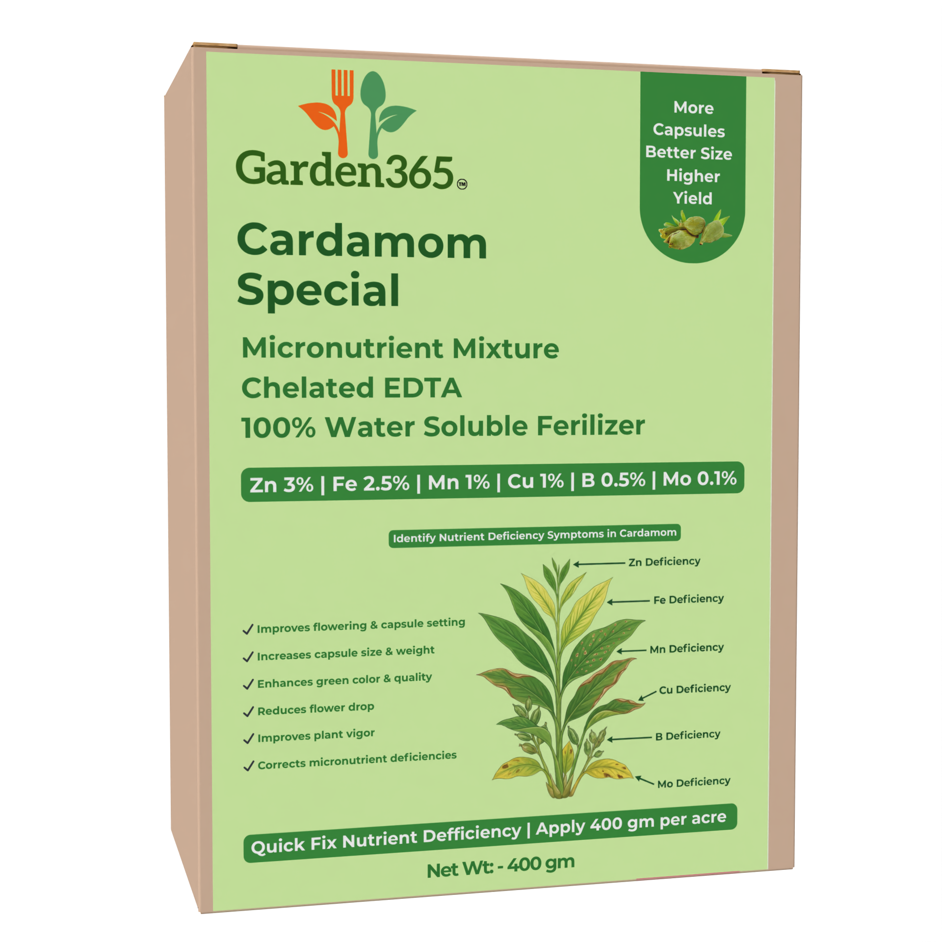 Cardamom Special Micronutrient Fertilizer  (इलायची | ಏಲಕ್ಕಿ | యాలకులు | ஏலக்காய் | ഏലക്ക)  EDTA Chelated 100% Water Soluble Fertilizer – 400g per Acre