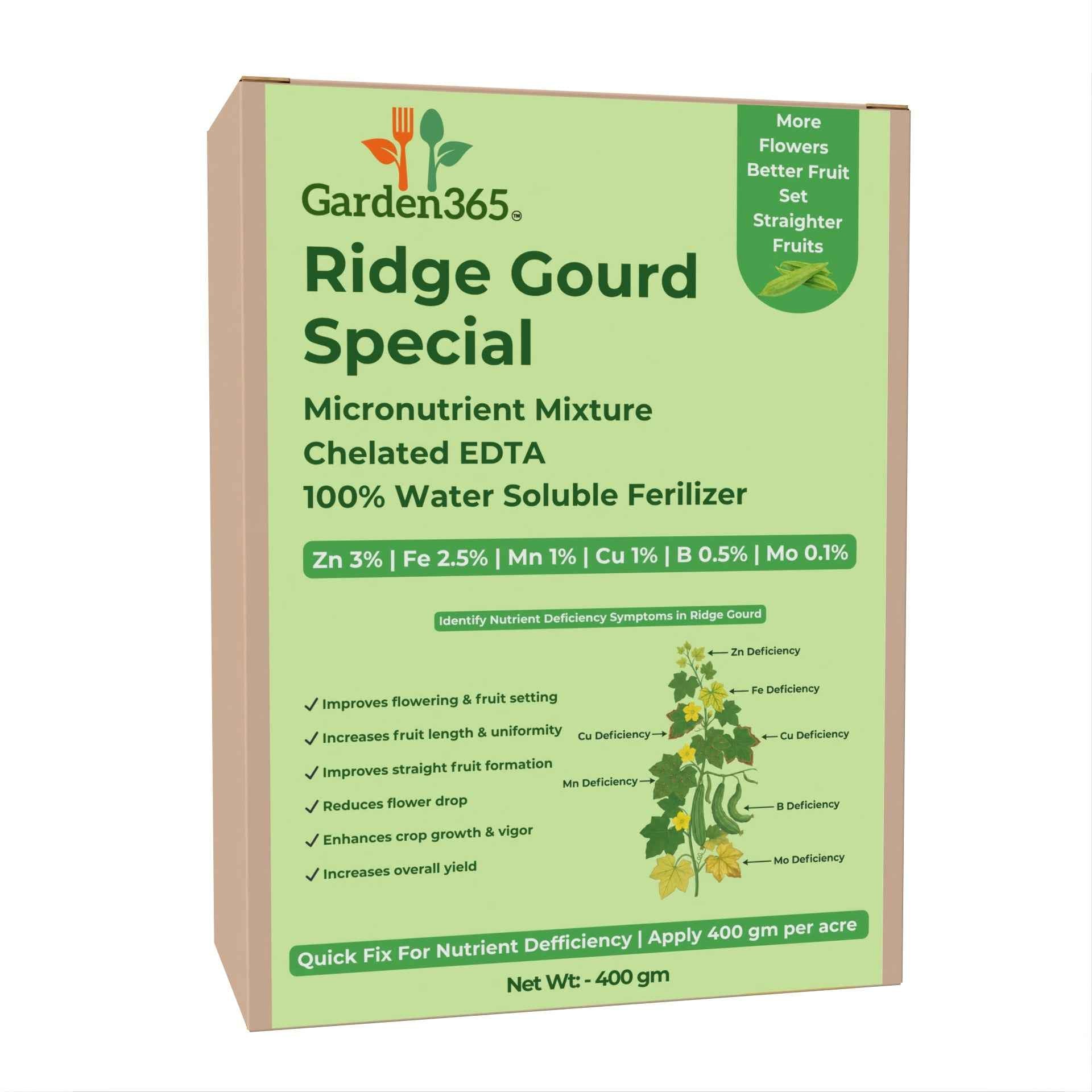 Ridge Gourd Special Micronutrient Fertilizer  (तुरई | ಹೀರೇಕಾಯಿ | బీరకాయ | பீர்க்கங்காய் | പീച്ചിങ്ങ)  EDTA Chelated 100% Water Soluble Fertilizer – 400g per Acre