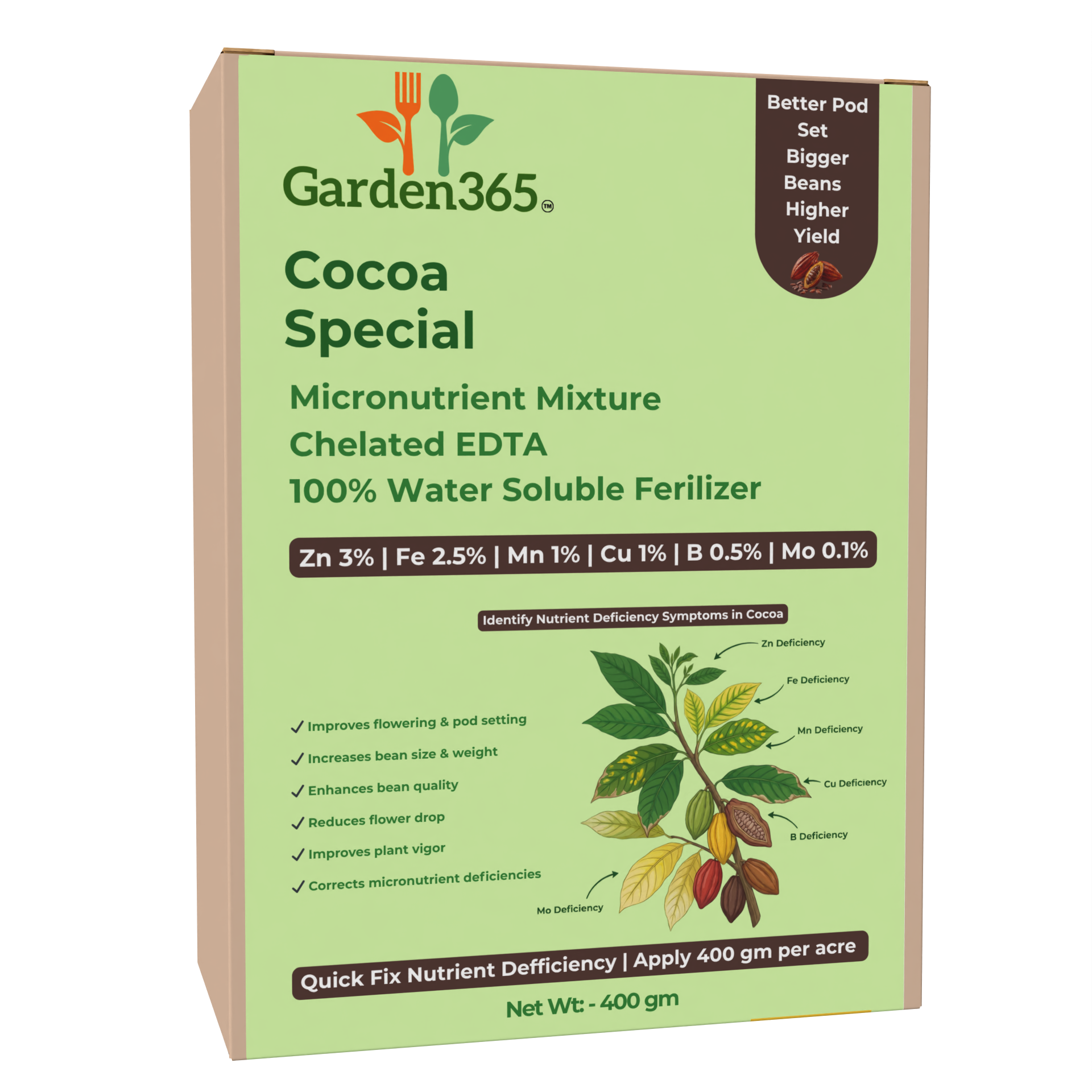 Cocoa Special Micronutrient Fertilizer  (कोको | ಕೋಕೋ | కోకో | கோகோ | കോകോ)  EDTA Chelated 100% Water Soluble Fertilizer – 400g per Acre