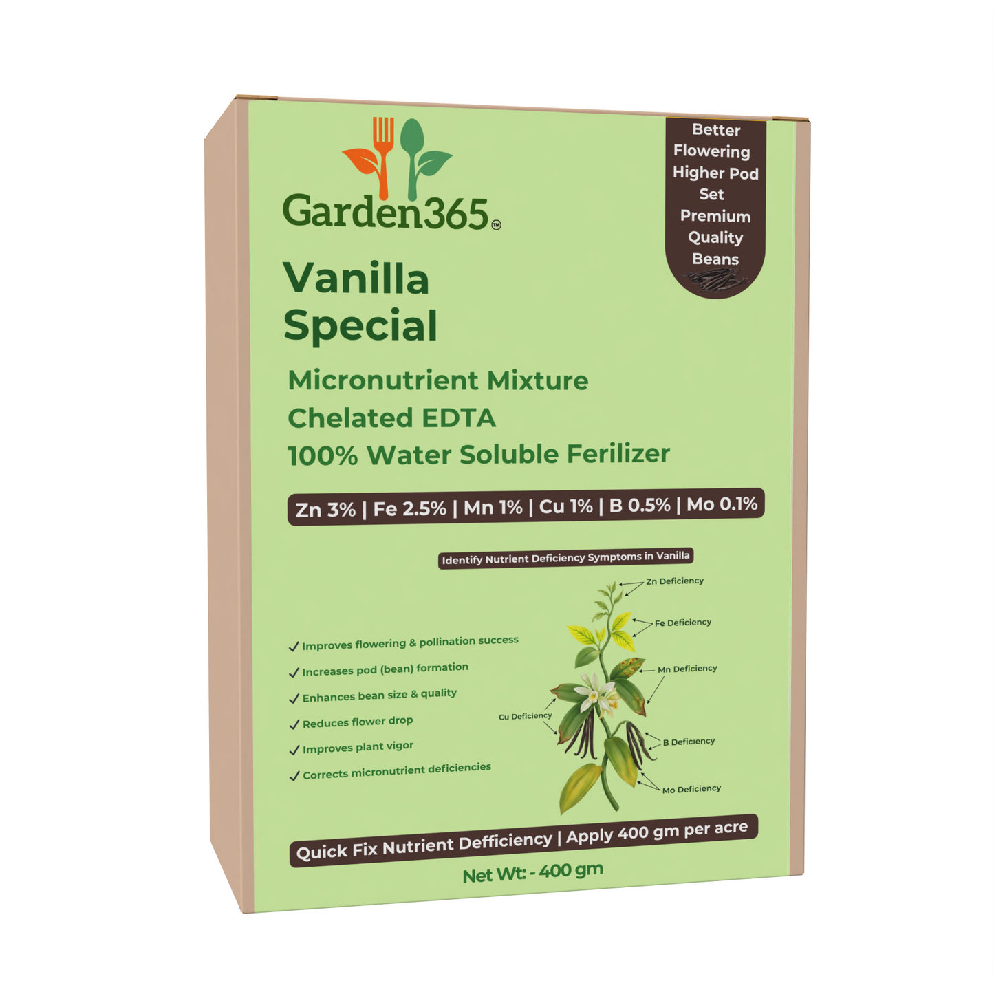 Vanilla Special Micronutrient Fertilizer  (वनीला | ವೆನಿಲ್ಲಾ | వెనిల్లా | வனிலா | വാനില)  EDTA Chelated 100% Water Soluble Fertilizer – 400g per Acre
