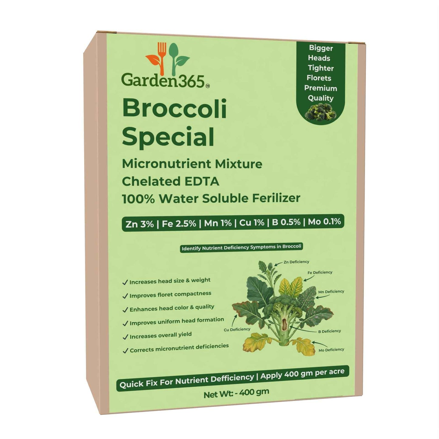 Broccoli Special Micronutrient Fertilizer  (ब्रोकोली | ಬ್ರೋಕೋಲಿ | బ్రోకోలీ | ப்ரோக்கோலி | ബ്രോക്കോളി)  EDTA Chelated 100% Water Soluble Fertilizer – 400g per Acre