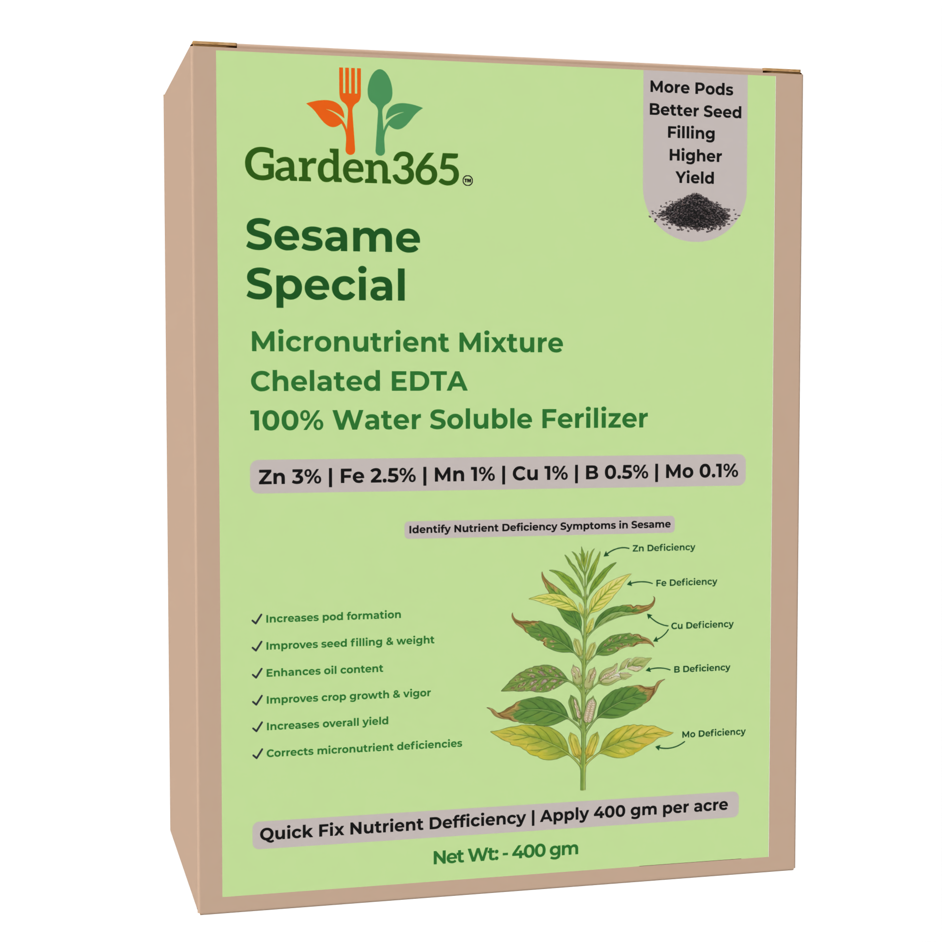 Sesame Special Micronutrient Fertilizer  (तिल | ಎಳ್ಳು | నువ్వులు | எள் | എള്ള്)  EDTA Chelated 100% Water Soluble Fertilizer – 400g per Acre