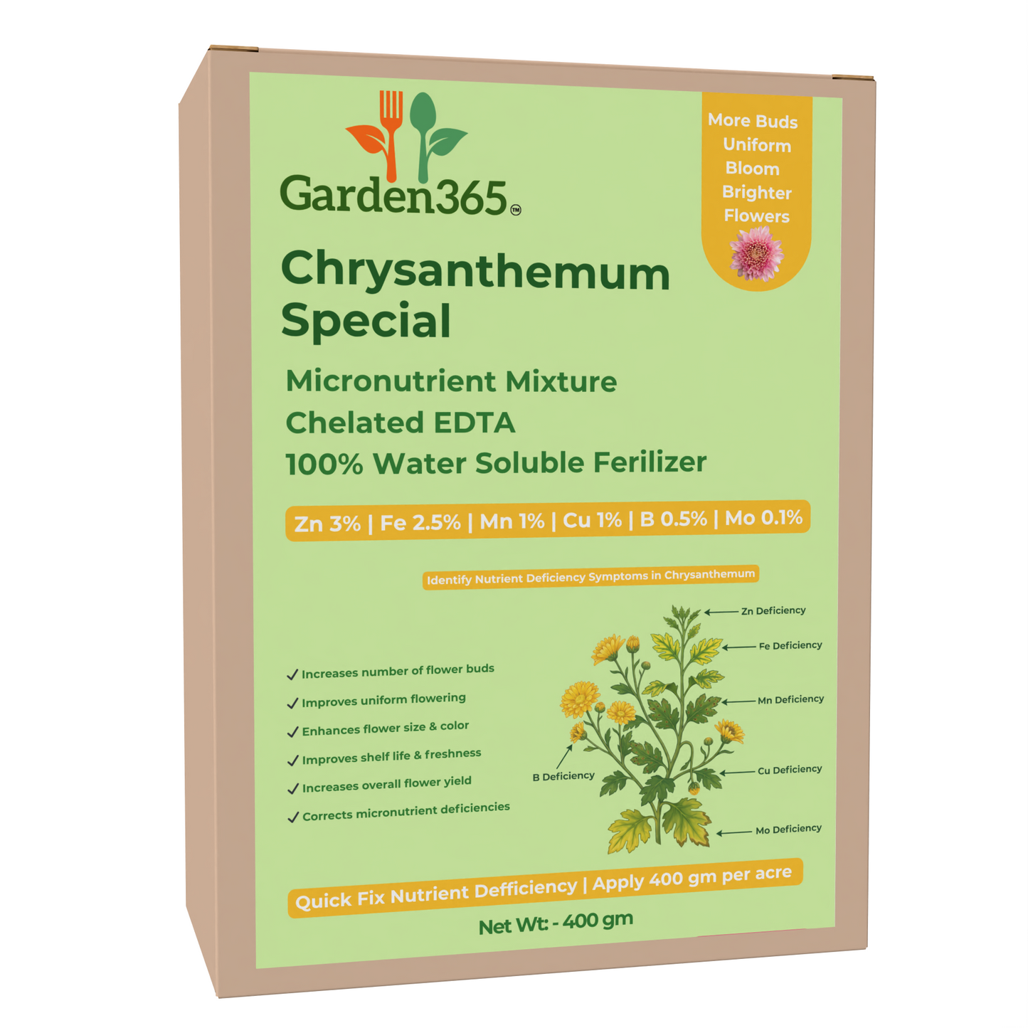 Chrysanthemum Special Micronutrient Fertilizer  (गुलदाउदी | ಚಂಡು ಹೂವು | చామంతి | செம்பருத்தி / க்ரிசாந்தமம் | ശെവന്തി)  EDTA Chelated 100% Water Soluble Fertilizer – 400g per Acre