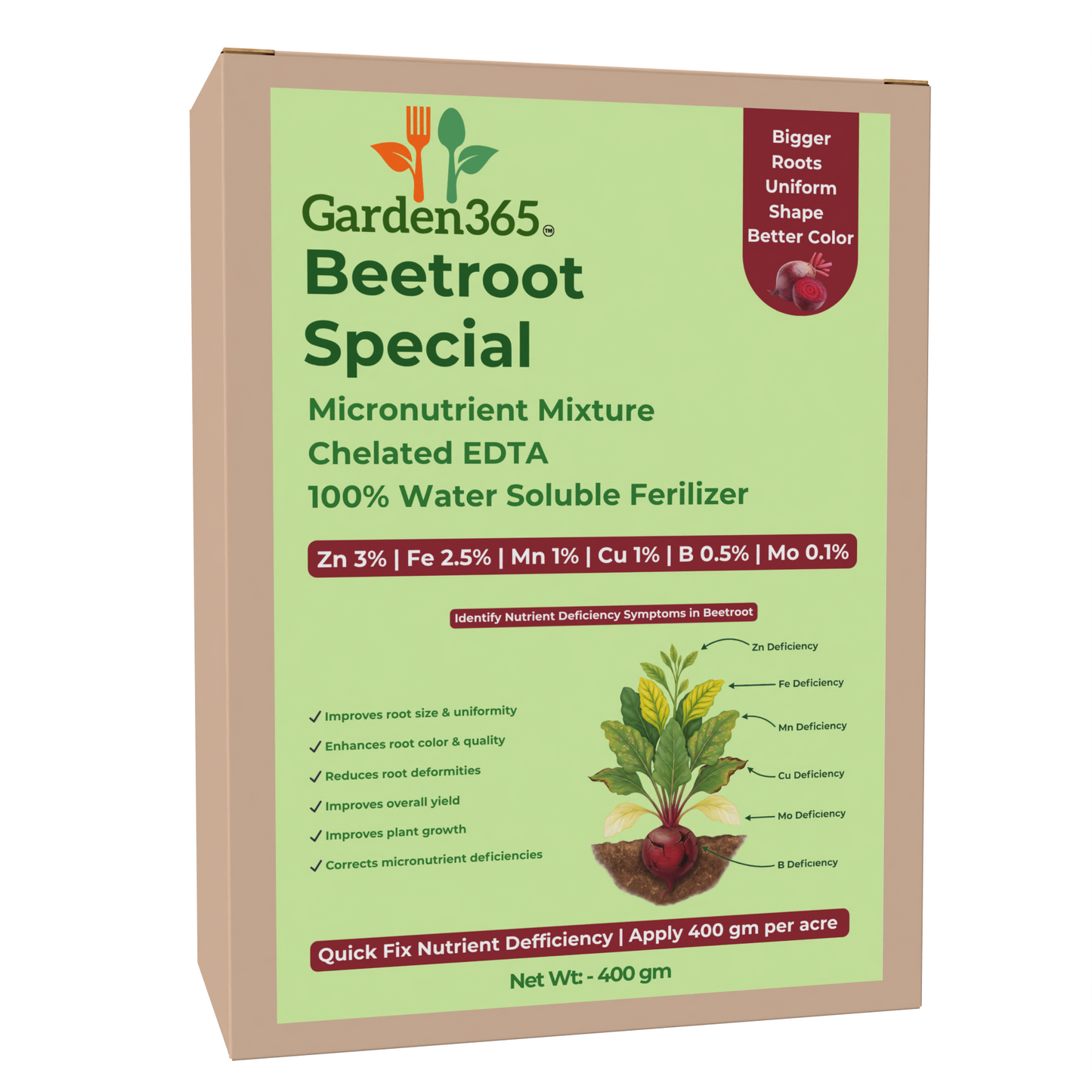 Beetroot Special Micronutrient Fertilizer  (चुकंदर | ಬೀಟ್ ರೂಟ್ | బీట్‌రూట్ | பீட்ரூட் | ബീറ്റ്റൂട്ട്)  EDTA Chelated 100% Water Soluble Fertilizer – 400g per Acre