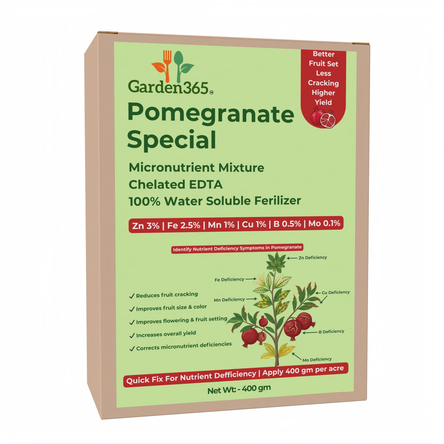 Pomegranate Special Micronutrient Fertilizer  (अनार | ದಾಳಿಂಬೆ | దానిమ్మ | மாதுளை | മാതളനാരങ്ങ)  EDTA Chelated 100% Water Soluble Fertilizer – 400g per Acre