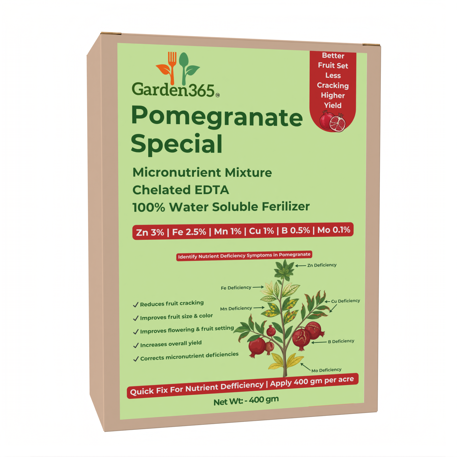 Pomegranate Special Micronutrient Fertilizer  (अनार | ದಾಳಿಂಬೆ | దానిమ్మ | மாதுளை | മാതളനാരങ്ങ)  EDTA Chelated 100% Water Soluble Fertilizer – 400g per Acre