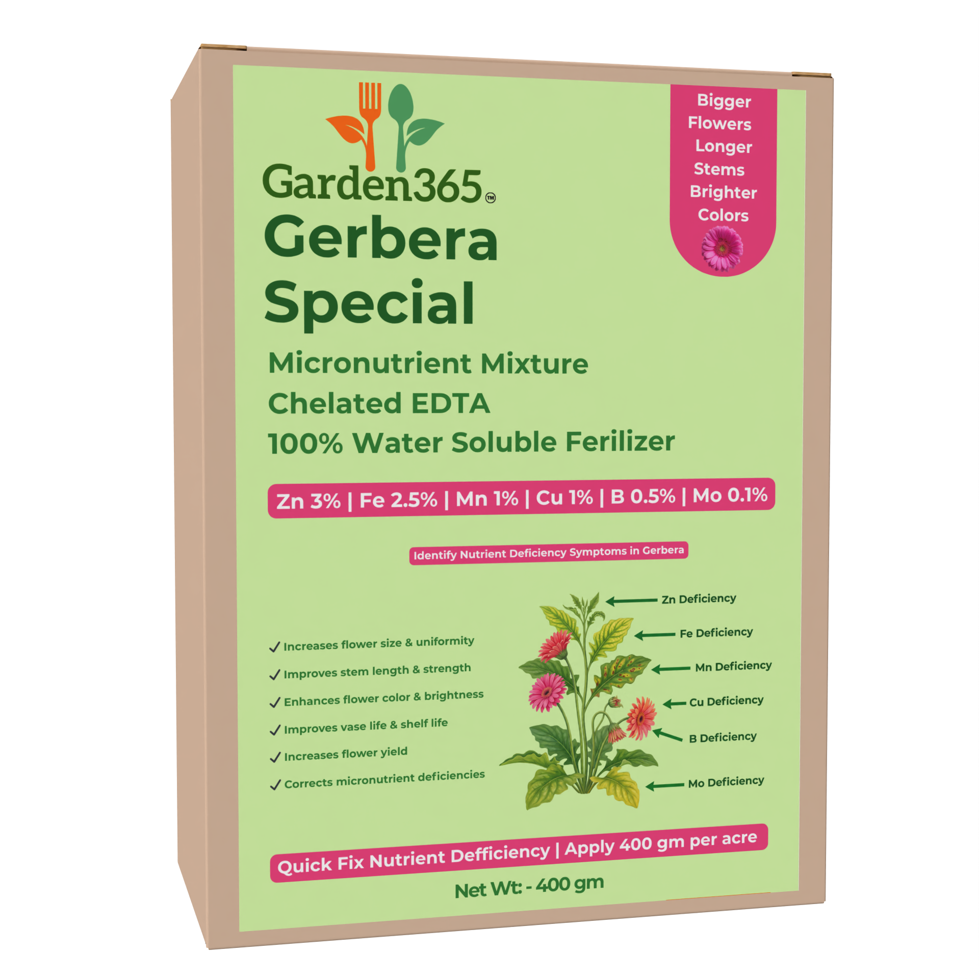 Gerbera Special Micronutrient Fertilizer  (जरबेरा | ಜರ್ಬೆರಾ | గెర్బెరా | ஜெர்பெரா | ജെർബെറ)  EDTA Chelated 100% Water Soluble Fertilizer – 400g per Acre