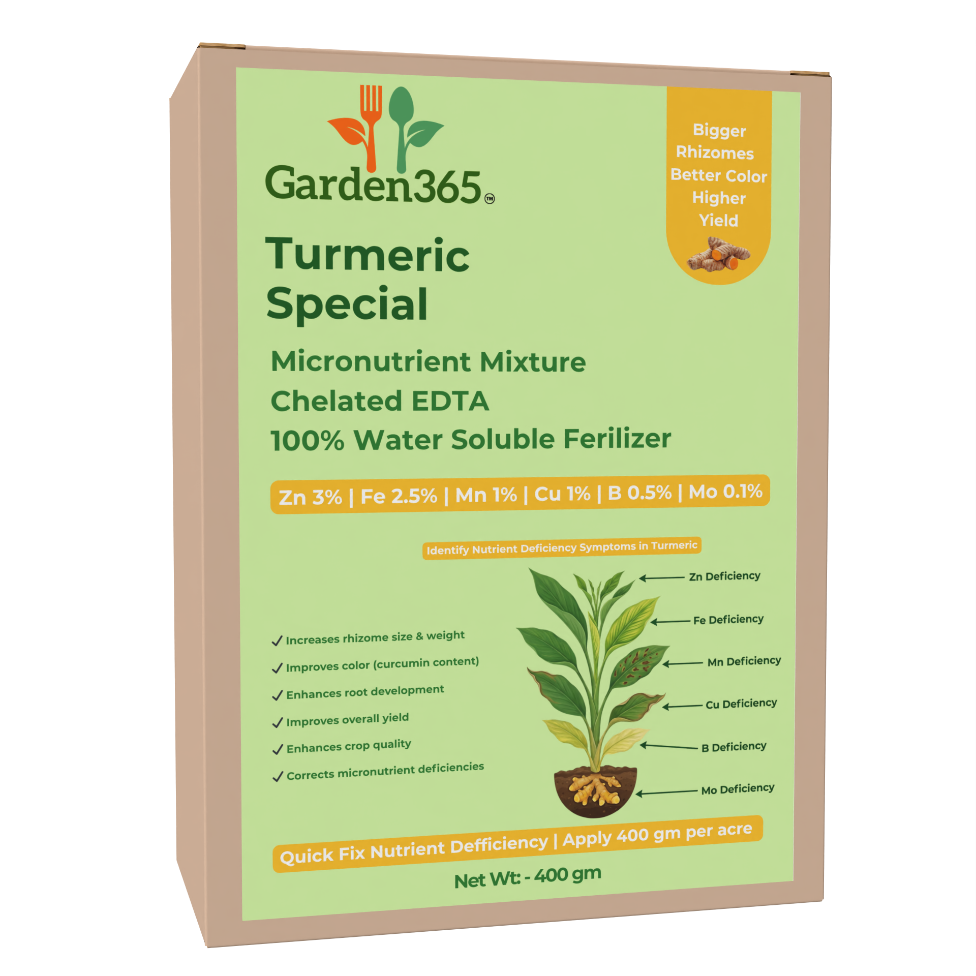 Turmeric Special Micronutrient Fertilizer  (हल्दी | ಅರಿಶಿನ | పసుపు | மஞ்சள் | മഞ്ഞൾ)  EDTA Chelated 100% Water Soluble Fertilizer – 400g per Acre