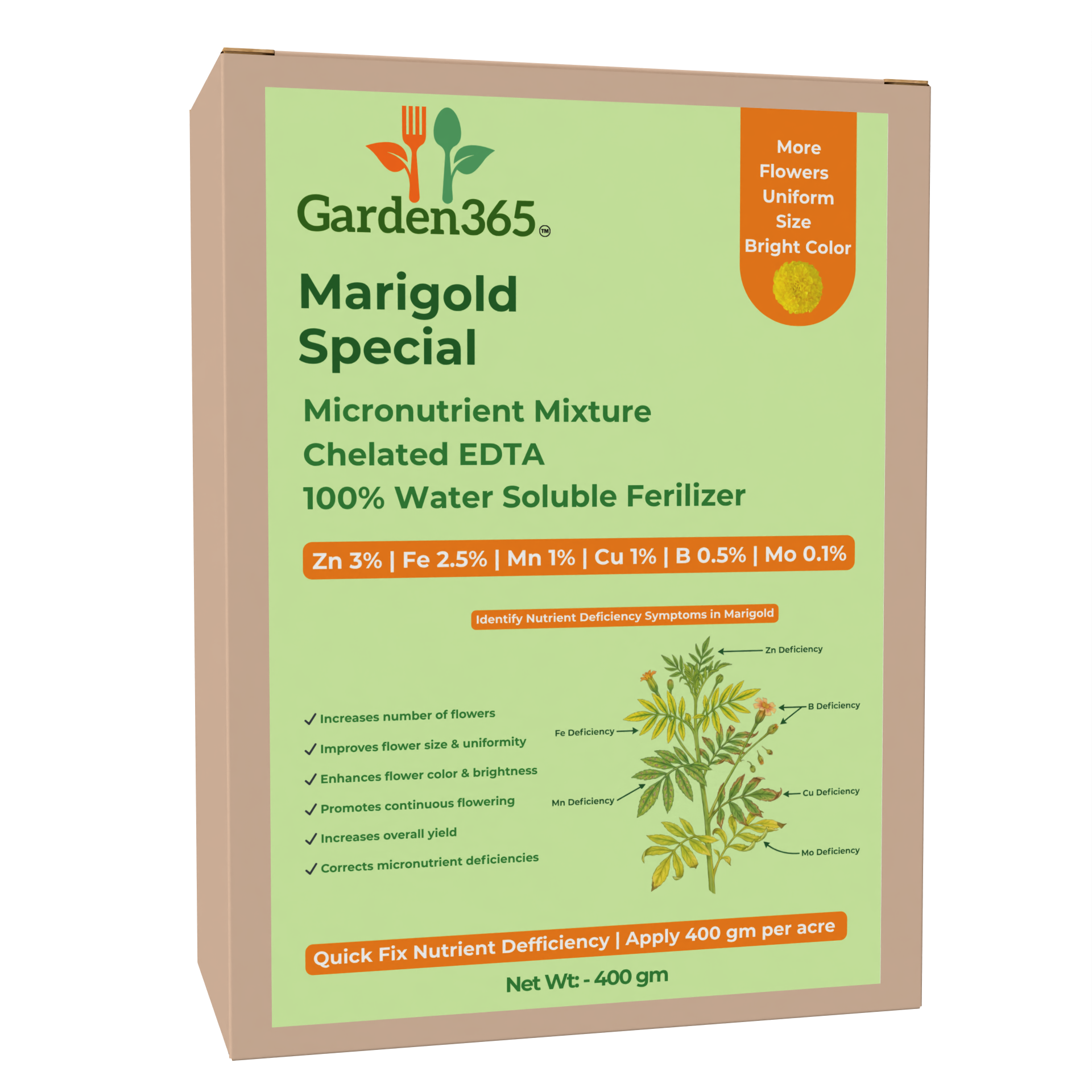 Marigold Special Micronutrient Fertilizer  (गेंदा | ಚೆಂಡು ಹೂವು | బంతిపువ్వు | சாமந்தி | ചെണ്ടുമല്ലി)  EDTA Chelated 100% Water Soluble Fertilizer – 400g per Acre