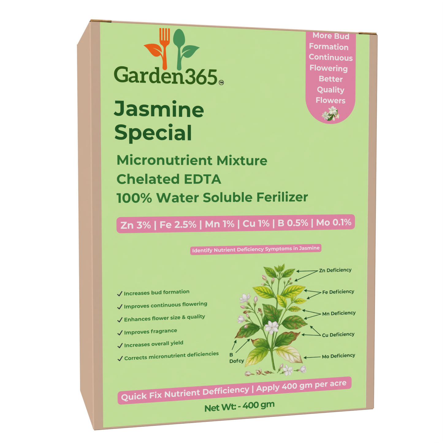 Jasmine Special Micronutrient Fertilizer  (चमेली | ಮಲ್ಲಿಗೆ | మల్లెపువ్వు | மல்லிகை | മുല്ല)  EDTA Chelated 100% Water Soluble Fertilizer – 400g per Acre