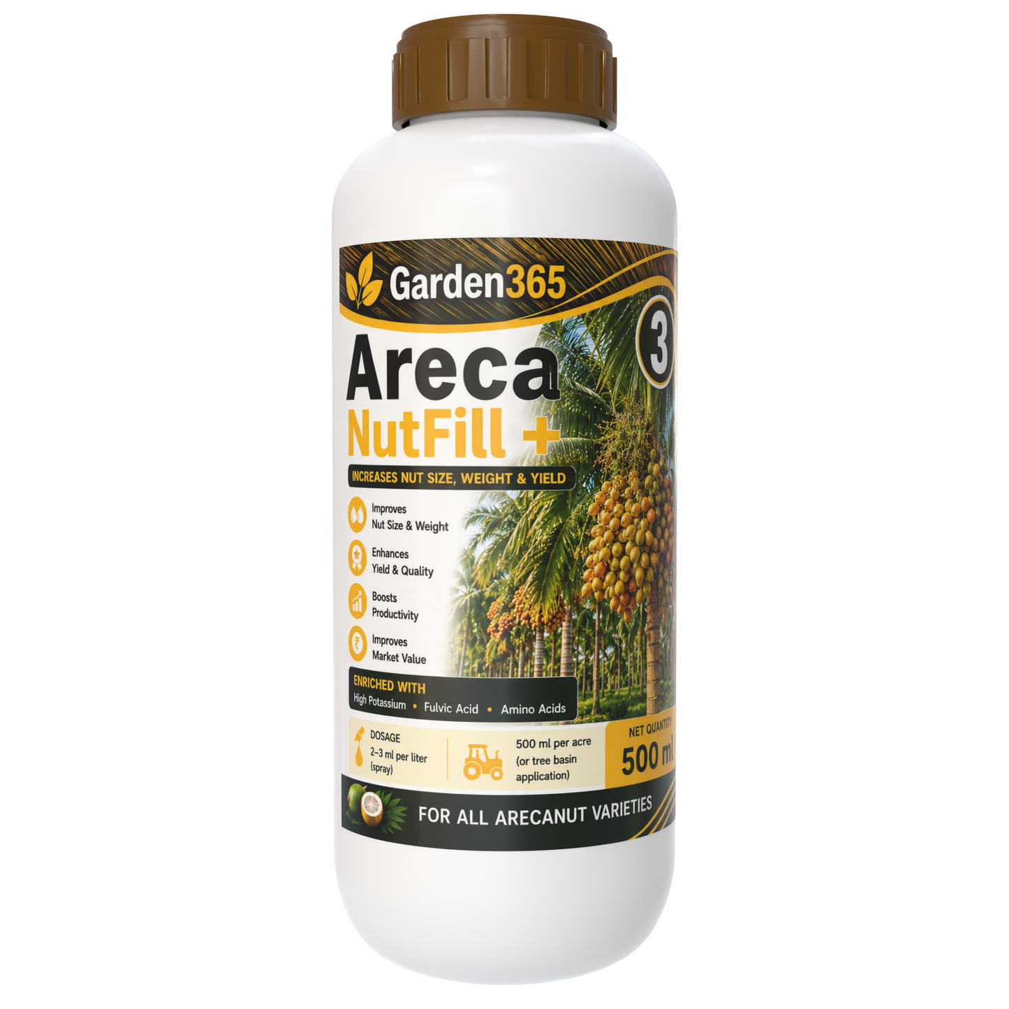 Arecanut Yield Booster Kit – Areca 1 LeafMax+ | Areca 2 ButtonSet+ | Areca 3 NutFill+ for Higher Yield, Nut Size & Quality