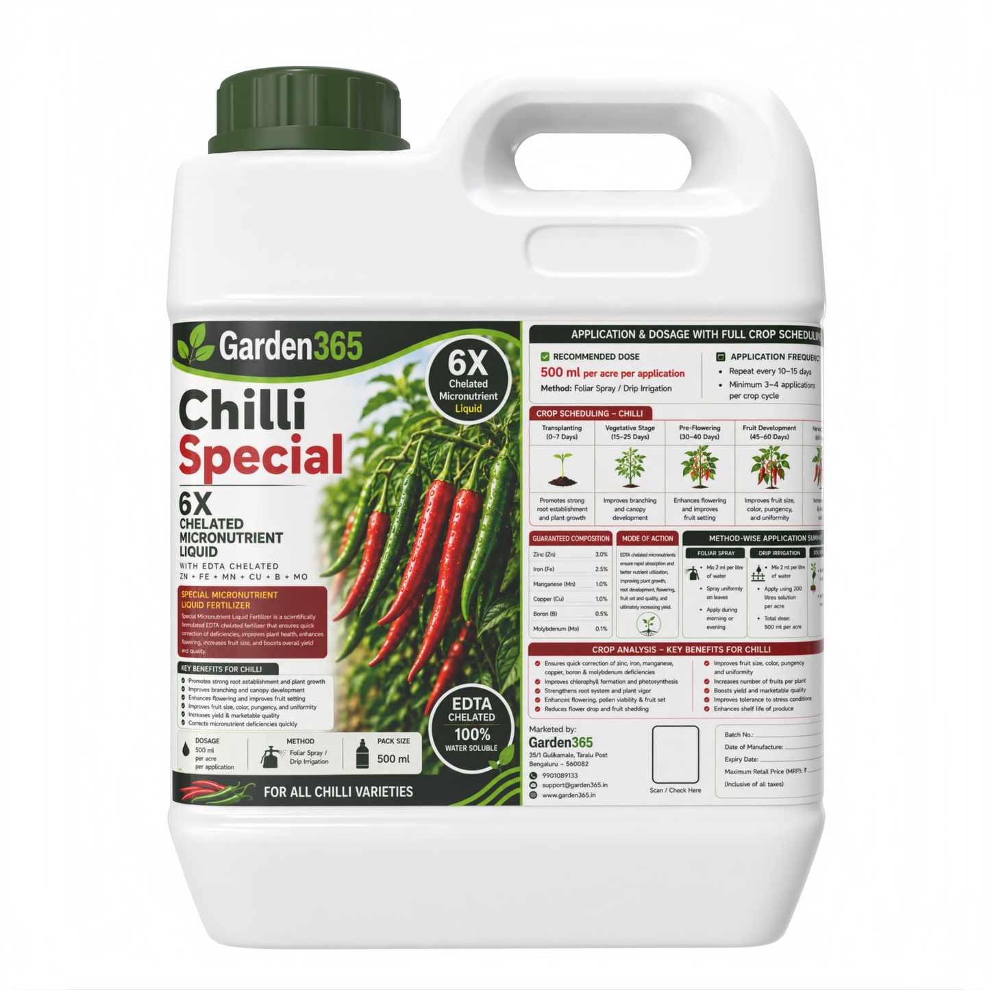 Chilli Special – 6X Chelated Micronutrient Liquid with EDTA Chelated Zn + Fe + Mn + Cu + B + Mo for Vigorous Growth, Better Flowering, Higher Fruit Set, Improved Pungency, Yield & Quality