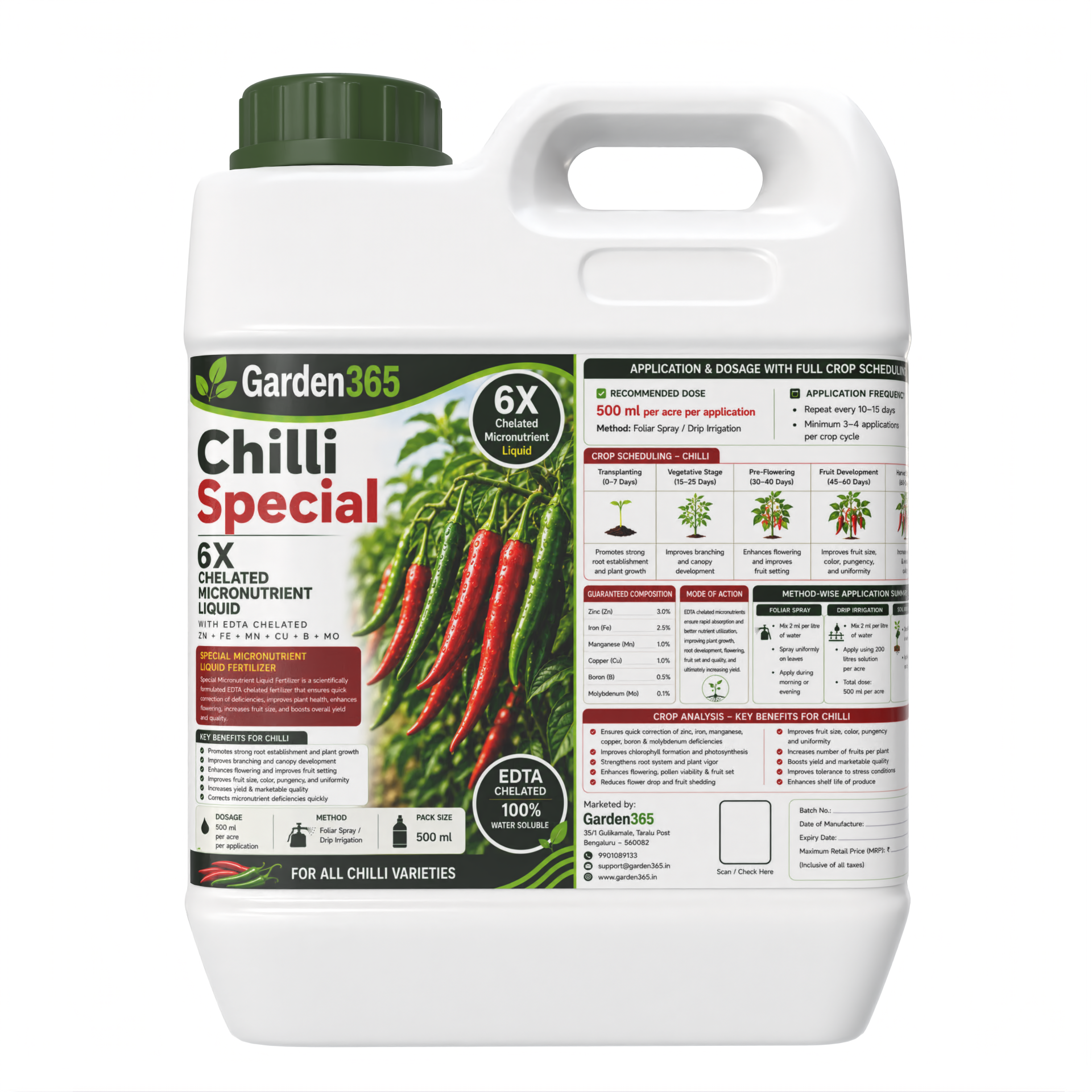 Chilli Special – 6X Chelated Micronutrient Liquid with EDTA Chelated Zn + Fe + Mn + Cu + B + Mo for Vigorous Growth, Better Flowering, Higher Fruit Set, Improved Pungency, Yield & Quality