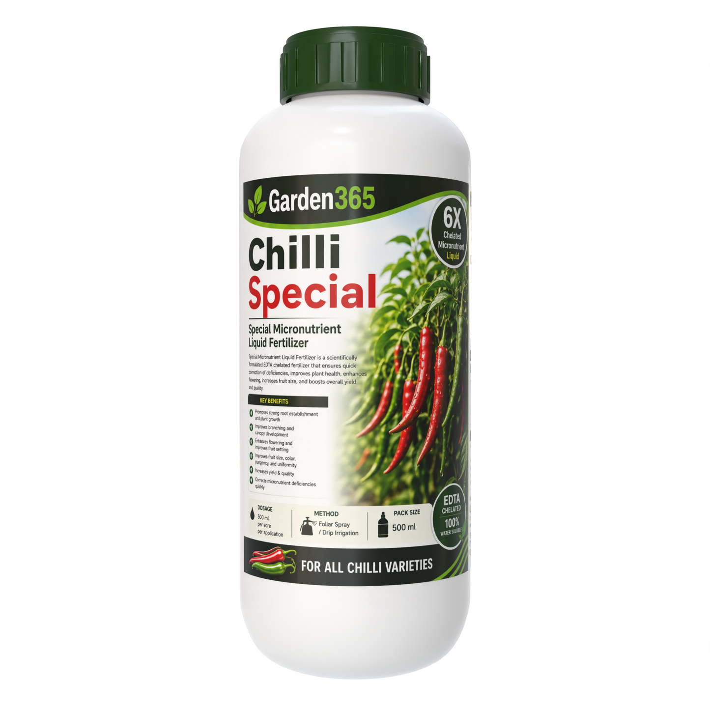 Chilli Special – 6X Chelated Micronutrient Liquid with EDTA Chelated Zn + Fe + Mn + Cu + B + Mo for Vigorous Growth, Better Flowering, Higher Fruit Set, Improved Pungency, Yield & Quality