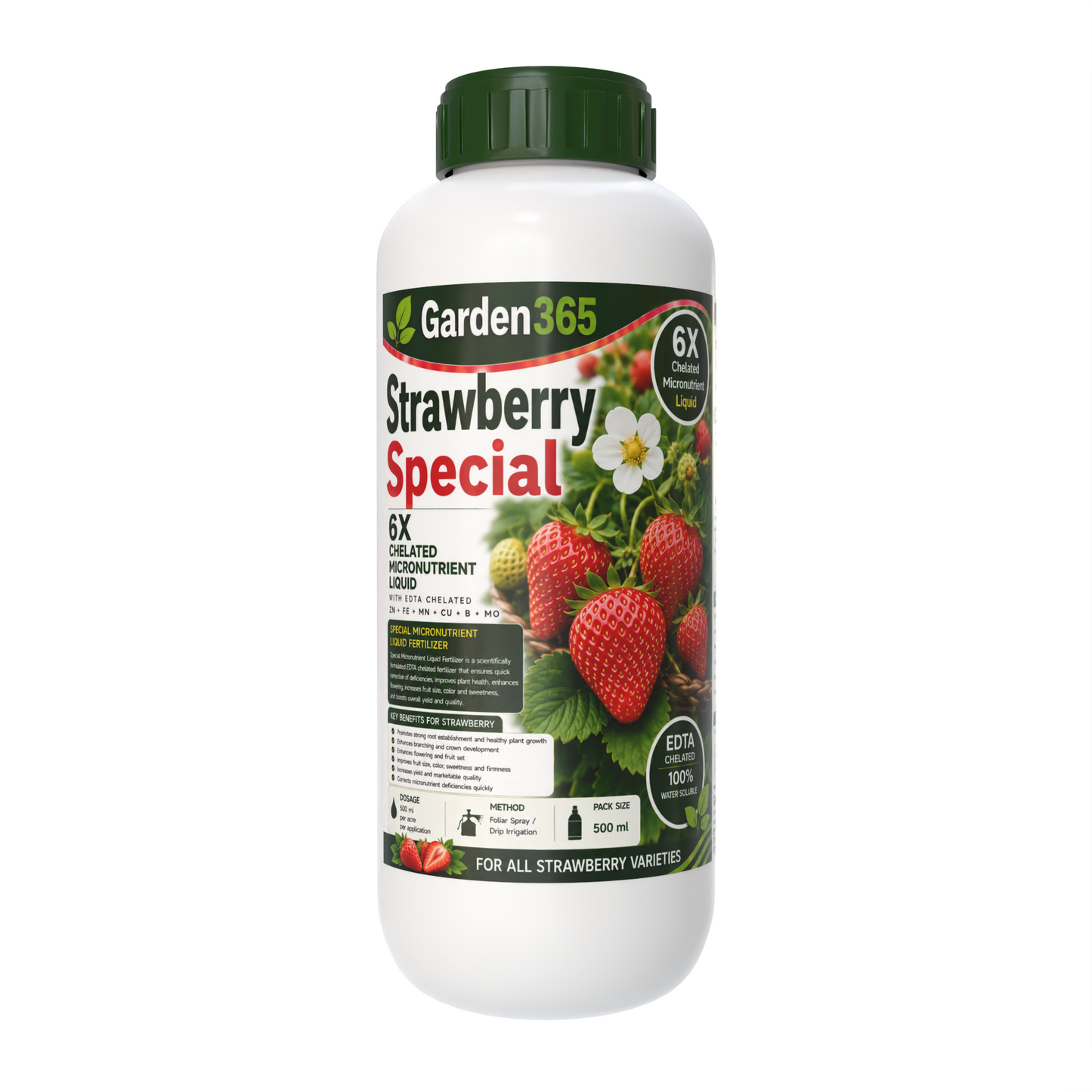 Strawberry Special – 6X Chelated Micronutrient Liquid with EDTA Chelated Zn + Fe + Mn + Cu + B + Mo for Healthy Plant Growth, Better Flowering, Improved Fruit Size, Sweetness & Higher Yield
