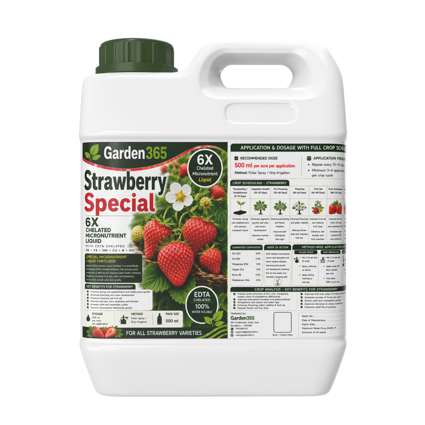 Strawberry Special – 6X Chelated Micronutrient Liquid with EDTA Chelated Zn + Fe + Mn + Cu + B + Mo for Healthy Plant Growth, Better Flowering, Improved Fruit Size, Sweetness & Higher Yield