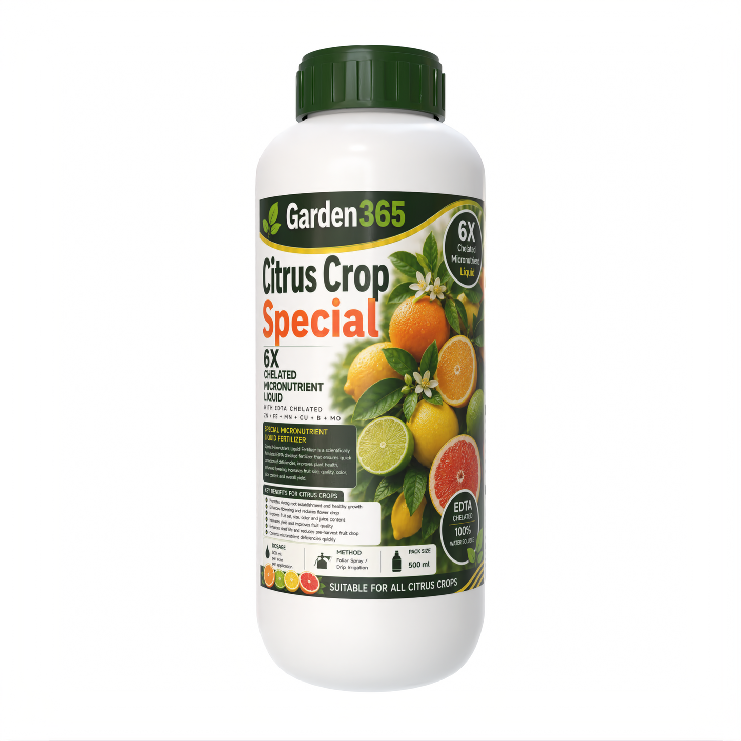 Citrus Crop Special – 6X Chelated Micronutrient Liquid with EDTA Chelated Zn + Fe + Mn + Cu + B + Mo for Better Flowering, Fruit Set, Juice Content, Fruit Quality & Higher Yield