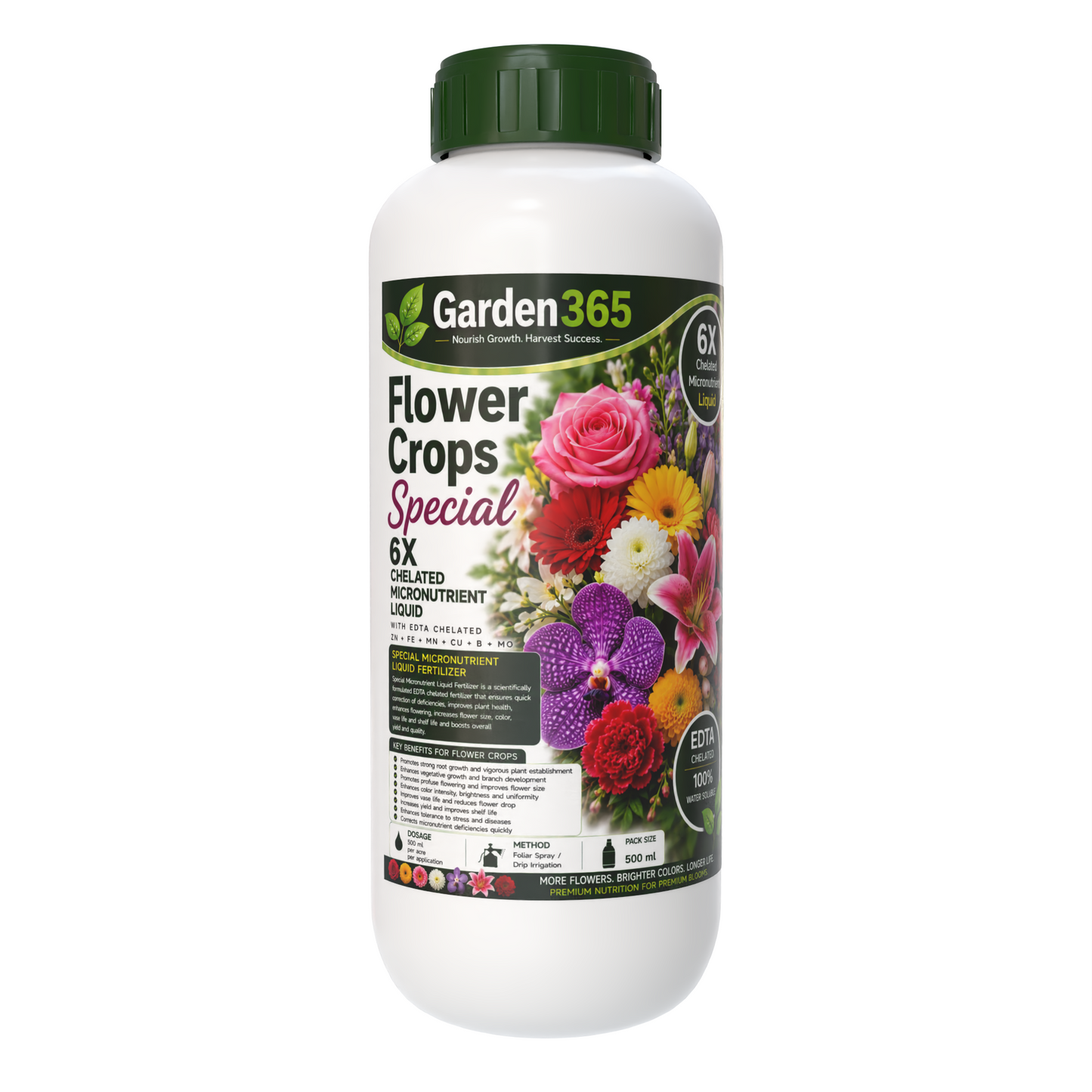 Flower Crops Special – 6X Chelated Micronutrient Liquid with EDTA Chelated Zn + Fe + Mn + Cu + B + Mo for Profuse Flowering, Bigger Blooms, Better Color & Higher Yield