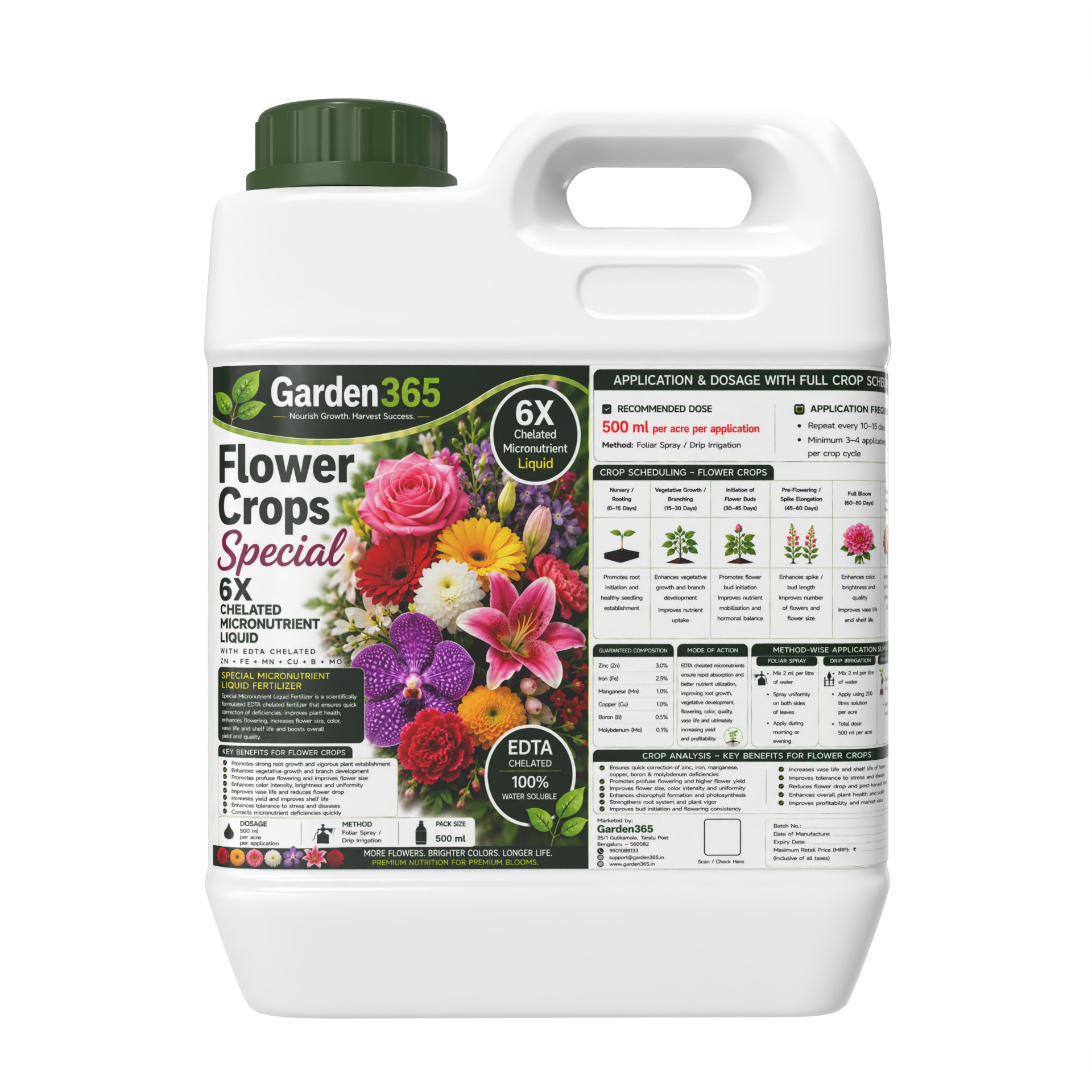 Flower Crops Special – 6X Chelated Micronutrient Liquid with EDTA Chelated Zn + Fe + Mn + Cu + B + Mo for Profuse Flowering, Bigger Blooms, Better Color & Higher Yield
