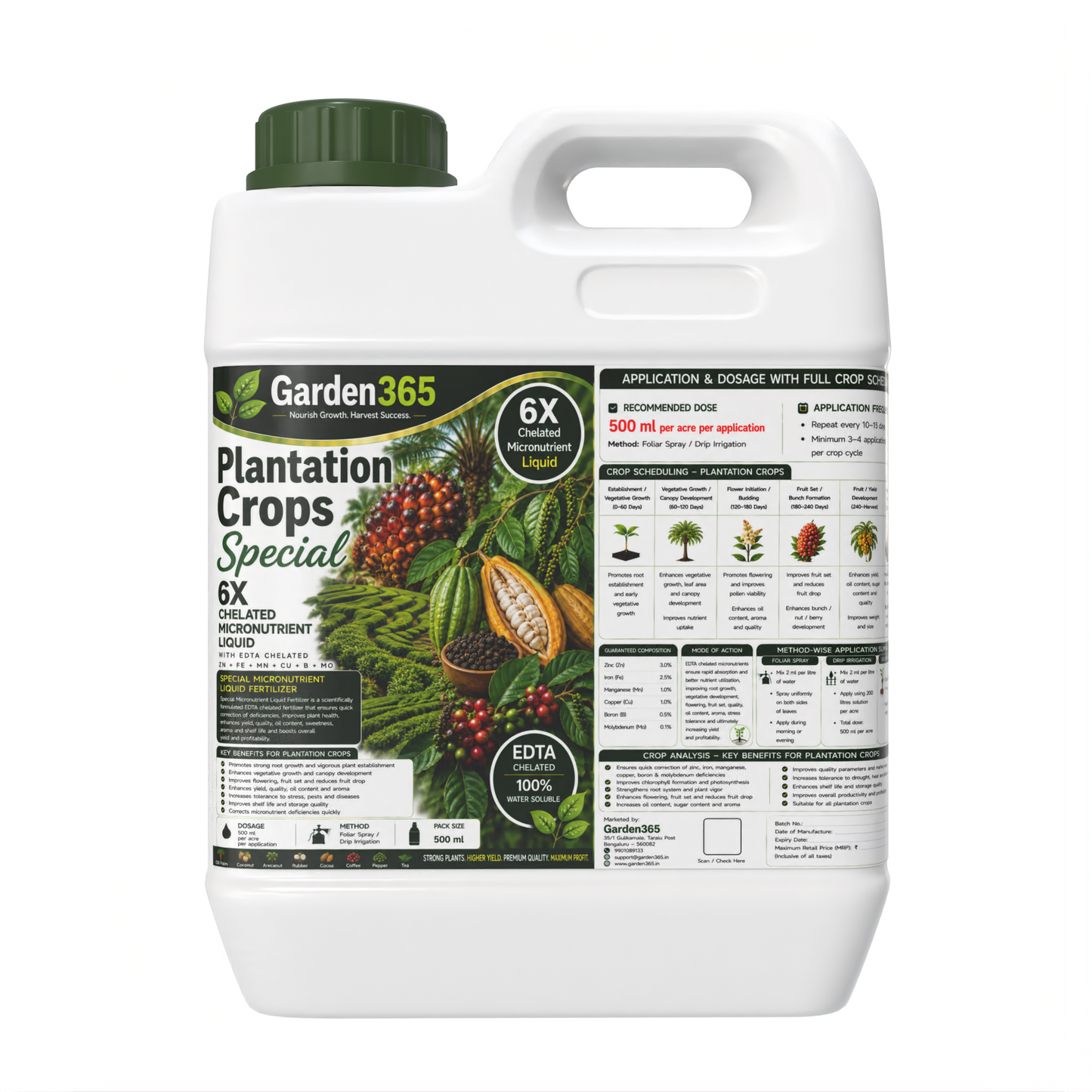 Plantation Crops Special – 6X Chelated Micronutrient Liquid with EDTA Chelated Zn + Fe + Mn + Cu + B + Mo for Better Growth, Flowering, Fruit Set, Yield & Premium Quality Plantation Crops