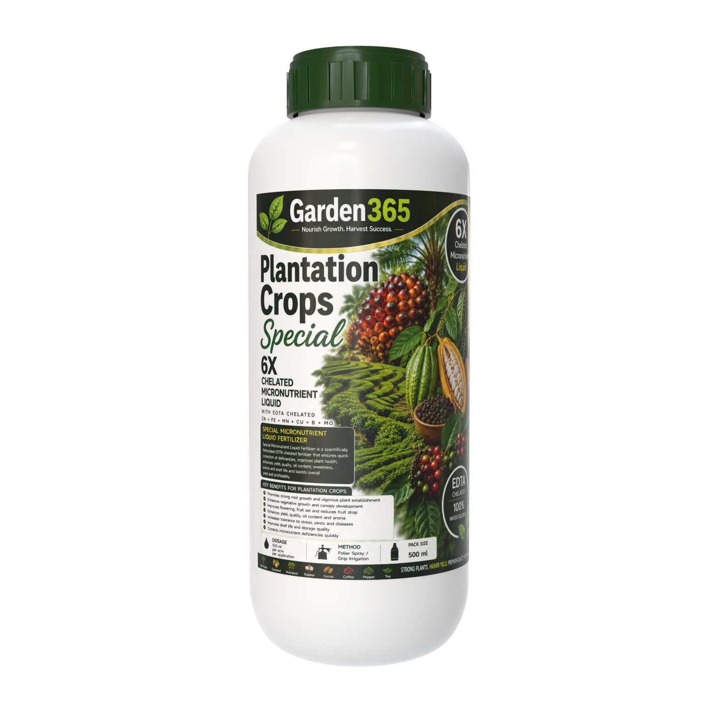 Plantation Crops Special – 6X Chelated Micronutrient Liquid with EDTA Chelated Zn + Fe + Mn + Cu + B + Mo for Better Growth, Flowering, Fruit Set, Yield & Premium Quality Plantation Crops