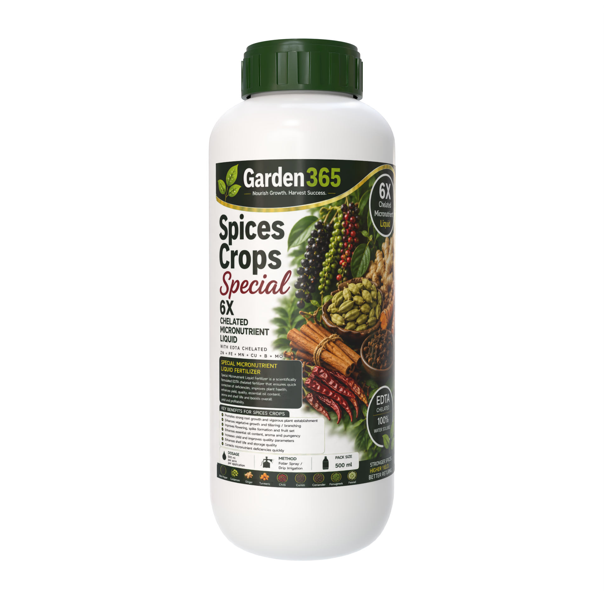 Spices Crops Special – 6X Chelated Micronutrient Liquid with EDTA Chelated Zn + Fe + Mn + Cu + B + Mo for Better Growth, Flowering, Spike Formation, Essential Oil Content, Yield & Premium Quality Spice Crops
