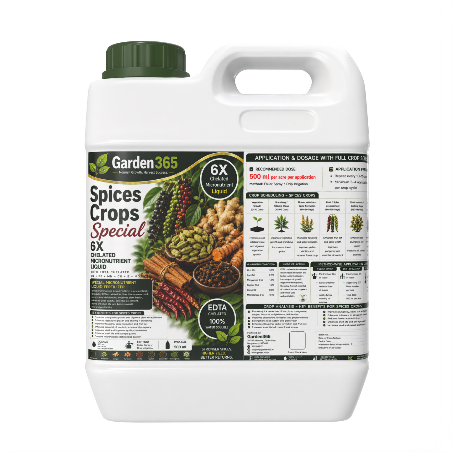 Spices Crops Special – 6X Chelated Micronutrient Liquid with EDTA Chelated Zn + Fe + Mn + Cu + B + Mo for Better Growth, Flowering, Spike Formation, Essential Oil Content, Yield & Premium Quality Spice Crops