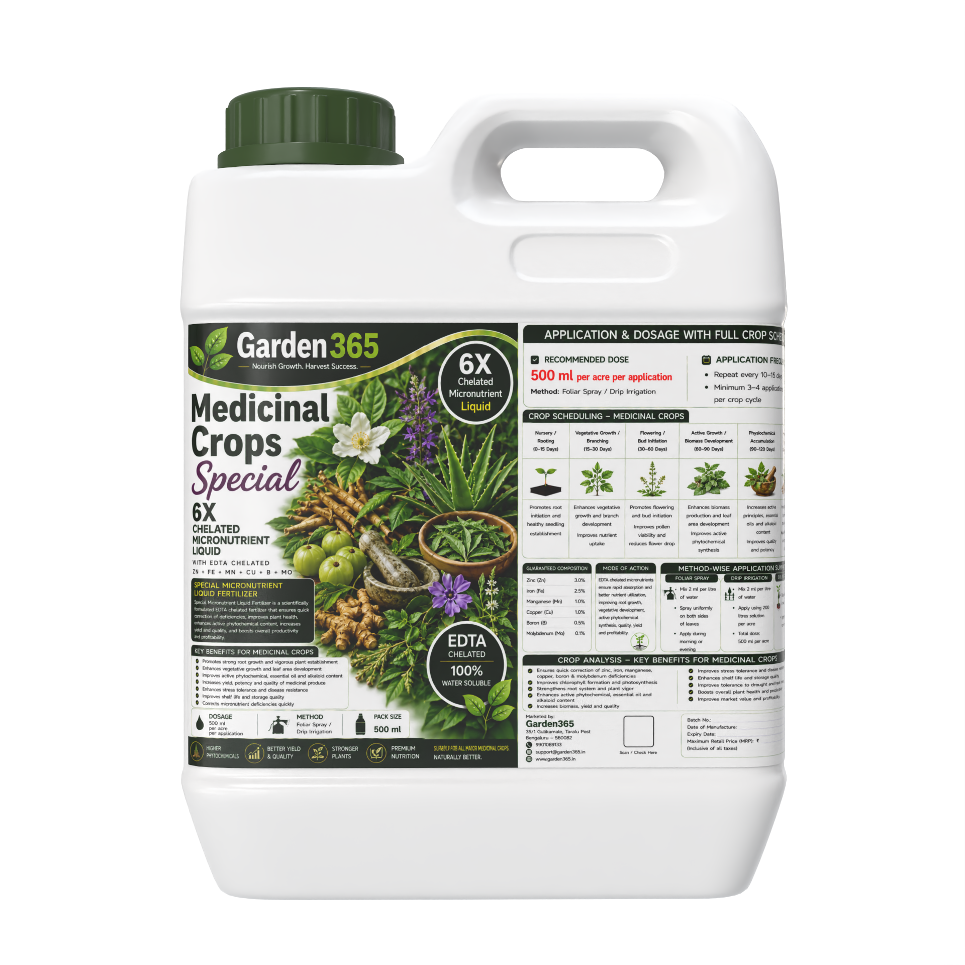 Medicinal Crops Special – 6X Chelated Micronutrient Liquid with EDTA Chelated Zn + Fe + Mn + Cu + B + Mo for Better Growth, Active Phytochemical Content, Biomass, Quality & Higher Yield