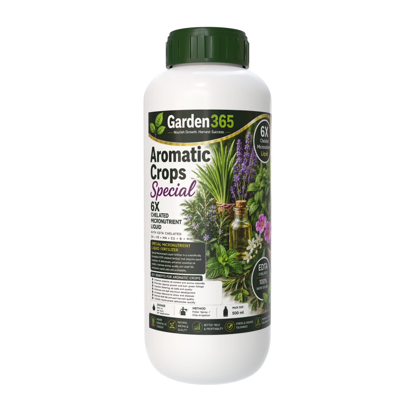 Aromatic Crops Special – 6X Chelated Micronutrient Liquid with EDTA Chelated Zn + Fe + Mn + Cu + B + Mo for Higher Essential Oil Content, Aroma, Quality & Yield