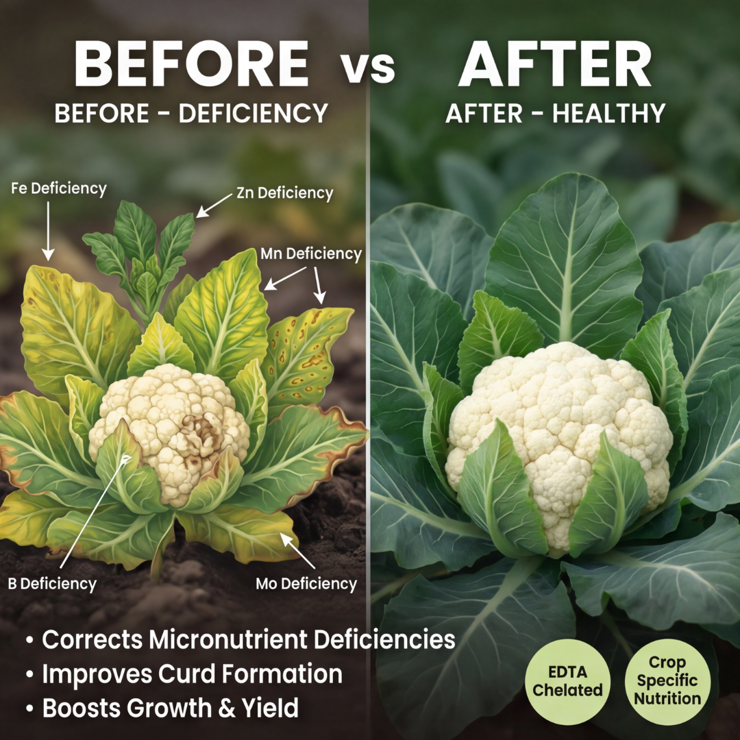 Cauliflower Special Micronutrient Fertilizer  (फूलगोभी | ಹೂಕೋಸು | కాలీఫ్లవర్ | காலிஃபிளவர் | കോളിഫ്ലവർ)  EDTA Chelated 100% Water Soluble Fertilizer – 400g per Acre