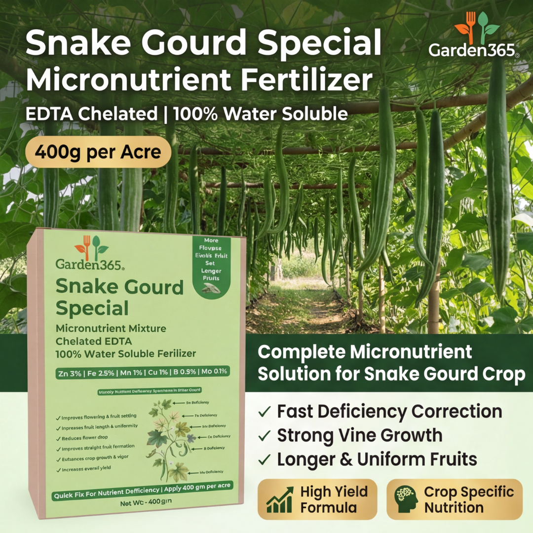 Snake Gourd Special Micronutrient Fertilizer  (चिचिंडा | ಪದವಲಕಾಯಿ | పొట్లకాయ | புடலங்காய் | പടവലങ്ങ)  EDTA Chelated 100% Water Soluble Fertilizer – 400g per Acre