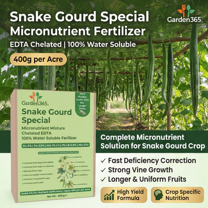 Snake Gourd Special Micronutrient Fertilizer  (चिचिंडा | ಪದವಲಕಾಯಿ | పొట్లకాయ | புடலங்காய் | പടവലങ്ങ)  EDTA Chelated 100% Water Soluble Fertilizer – 400g per Acre