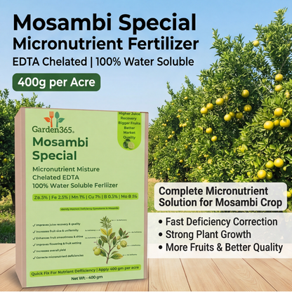 Mosambi Special Micronutrient Fertilizer  (मौसंबी | ಮೊಸಂಬಿ | మోసంబి | மொசம்பி | മുസമ്പി)  EDTA Chelated 100% Water Soluble Fertilizer – 400g per Acre