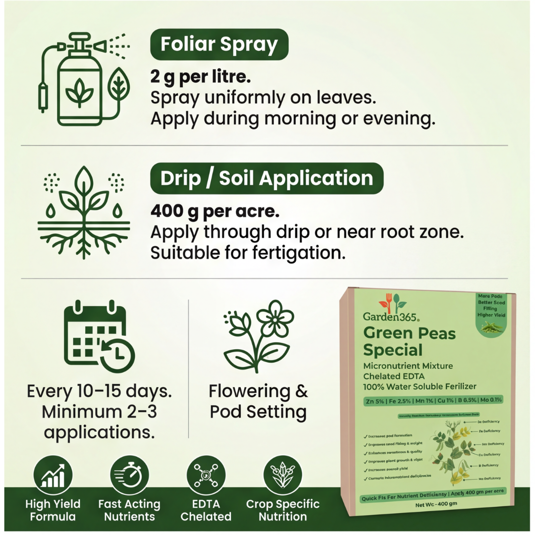 Green Peas Special Micronutrient Fertilizer  (मटर | ಬಟಾಣಿ | బఠాణీ | பட்டாணி | പച്ചപ്പയർ)  EDTA Chelated 100% Water Soluble Fertilizer – 400g per Acre