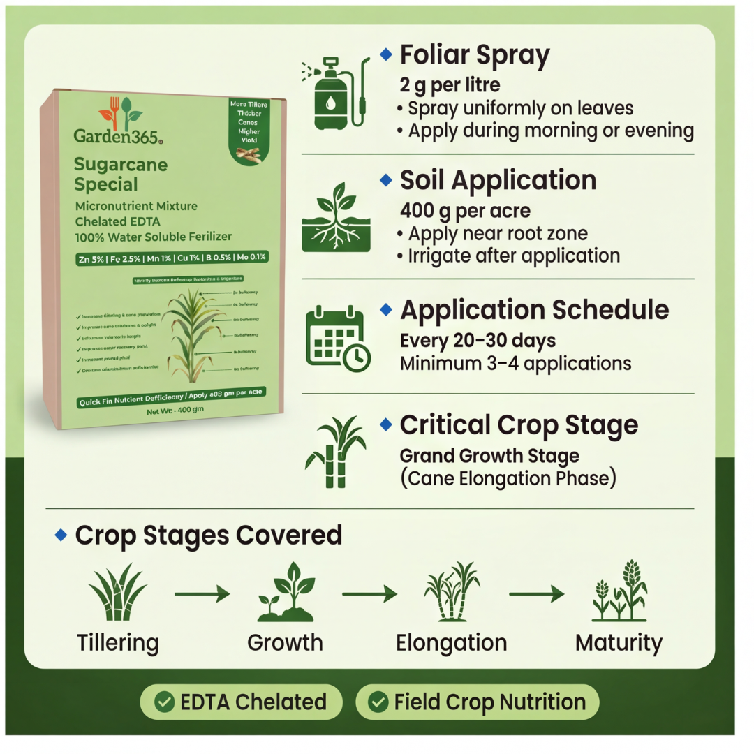 Sugarcane Special Micronutrient Fertilizer  (गन्ना | ಕಬ್ಬು | చెరకు | கரும்பு | കരിമ്പ്)  EDTA Chelated 100% Water Soluble Fertilizer – 400g per Acre