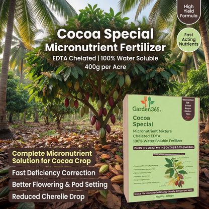 Cocoa Special Micronutrient Fertilizer  (कोको | ಕೋಕೋ | కోకో | கோகோ | കോകോ)  EDTA Chelated 100% Water Soluble Fertilizer – 400g per Acre
