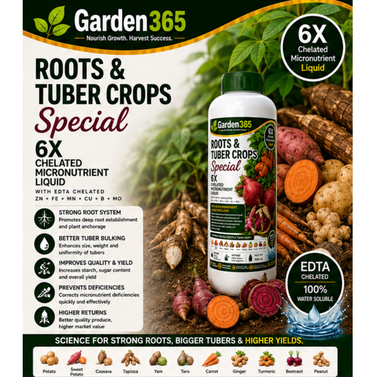 Roots & Tuber Crops Special – 6X Chelated Micronutrient Liquid with EDTA Chelated Zn + Fe + Mn + Cu + B + Mo for Strong Root Development, Bigger Tubers, Better Quality & Higher Yield