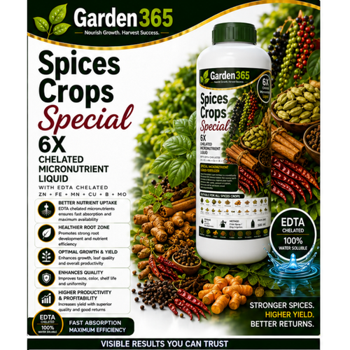 Spices Crops Special – 6X Chelated Micronutrient Liquid with EDTA Chelated Zn + Fe + Mn + Cu + B + Mo for Better Growth, Flowering, Spike Formation, Essential Oil Content, Yield & Premium Quality Spice Crops