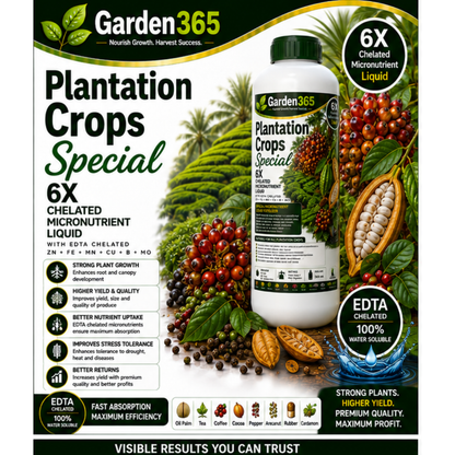 Plantation Crops Special – 6X Chelated Micronutrient Liquid with EDTA Chelated Zn + Fe + Mn + Cu + B + Mo for Better Growth, Flowering, Fruit Set, Yield & Premium Quality Plantation Crops