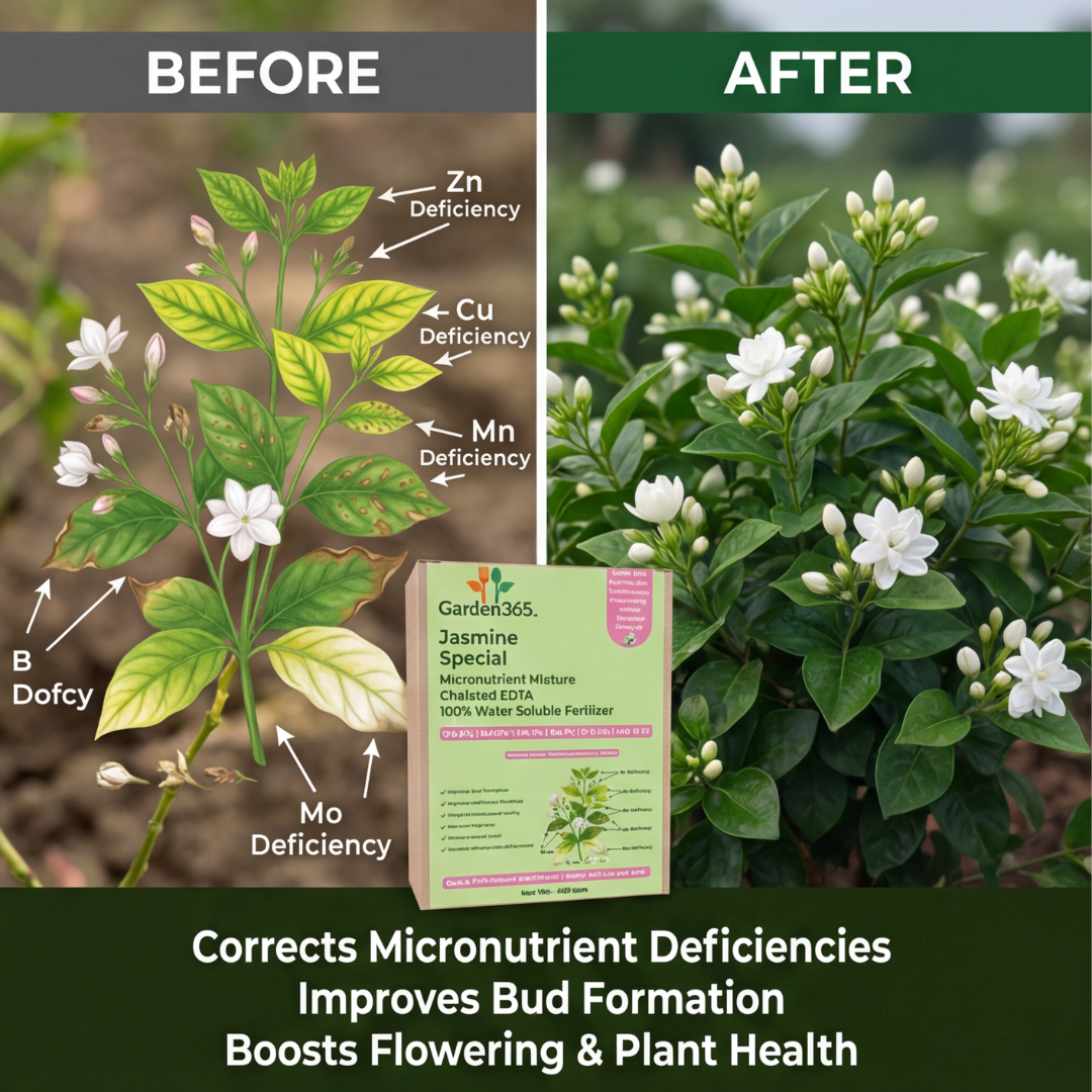 Jasmine Special Micronutrient Fertilizer  (चमेली | ಮಲ್ಲಿಗೆ | మల్లెపువ్వు | மல்லிகை | മുല്ല)  EDTA Chelated 100% Water Soluble Fertilizer – 400g per Acre