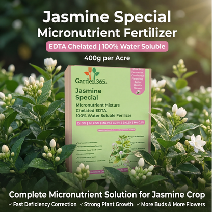 Jasmine Special Micronutrient Fertilizer  (चमेली | ಮಲ್ಲಿಗೆ | మల్లెపువ్వు | மல்லிகை | മുല്ല)  EDTA Chelated 100% Water Soluble Fertilizer – 400g per Acre