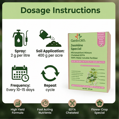 Jasmine Special Micronutrient Fertilizer  (चमेली | ಮಲ್ಲಿಗೆ | మల్లెపువ్వు | மல்லிகை | മുല്ല)  EDTA Chelated 100% Water Soluble Fertilizer – 400g per Acre