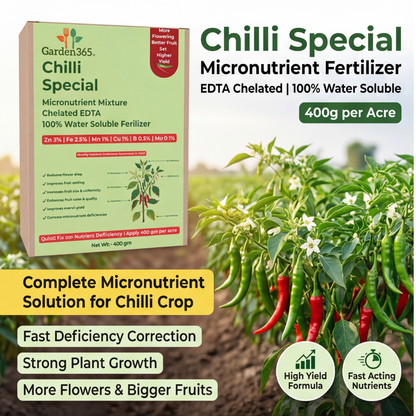 Chilli Special Micronutrient Fertilizer  (मिर्च | ಮೆಣಸಿನಕಾಯಿ | మిరపకాయ | மிளகாய் | മുളക്)  EDTA Chelated 100% Water Soluble Fertilizer – 400g per Acre