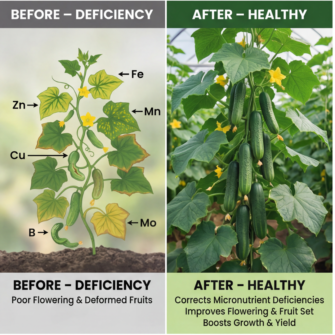 Cucumber Special Micronutrient Fertilizer  (खीरा | ಸೌತೆಕಾಯಿ | దోసకాయ | வெள்ளரிக்காய் | വെള്ളരിക്ക)  EDTA Chelated 100% Water Soluble Fertilizer – 400g per Acre