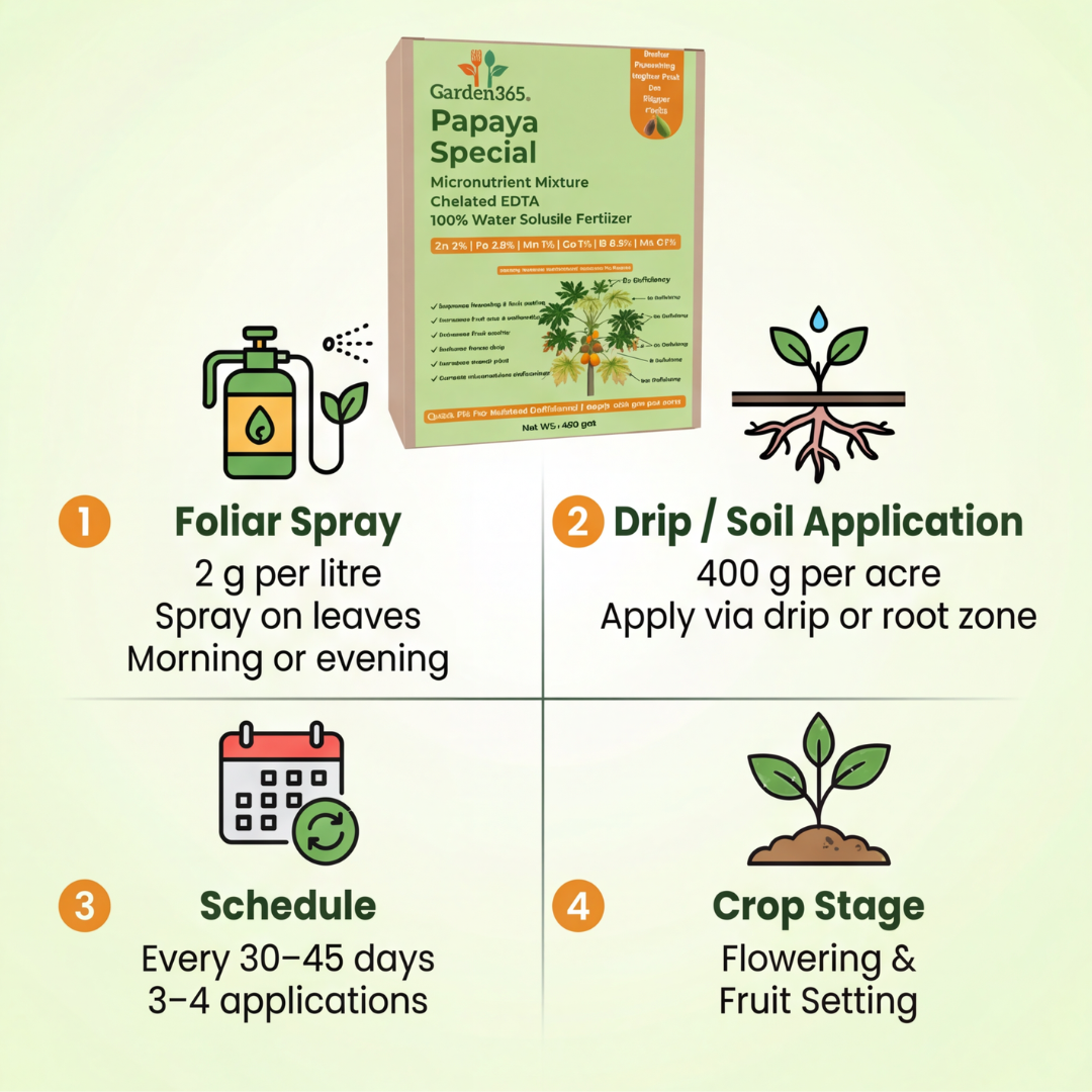 Papaya Special Micronutrient Fertilizer  (पपीता | ಪಪ್ಪಾಯಿ | బొప్పాయి | பப்பாளி | പപ്പായ)  EDTA Chelated 100% Water Soluble Fertilizer – 400g per Acre