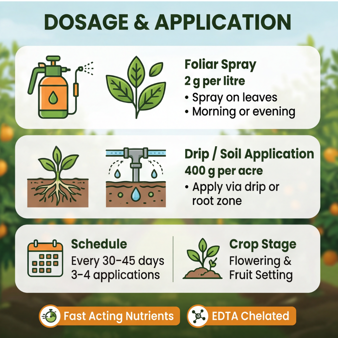 Orange Special Micronutrient Fertilizer  (संतरा | ಕಿತ್ತಳೆ | కమలా పండు | ஆரஞ்சு | ഓറഞ്ച്)  EDTA Chelated 100% Water Soluble Fertilizer – 400g per Acre