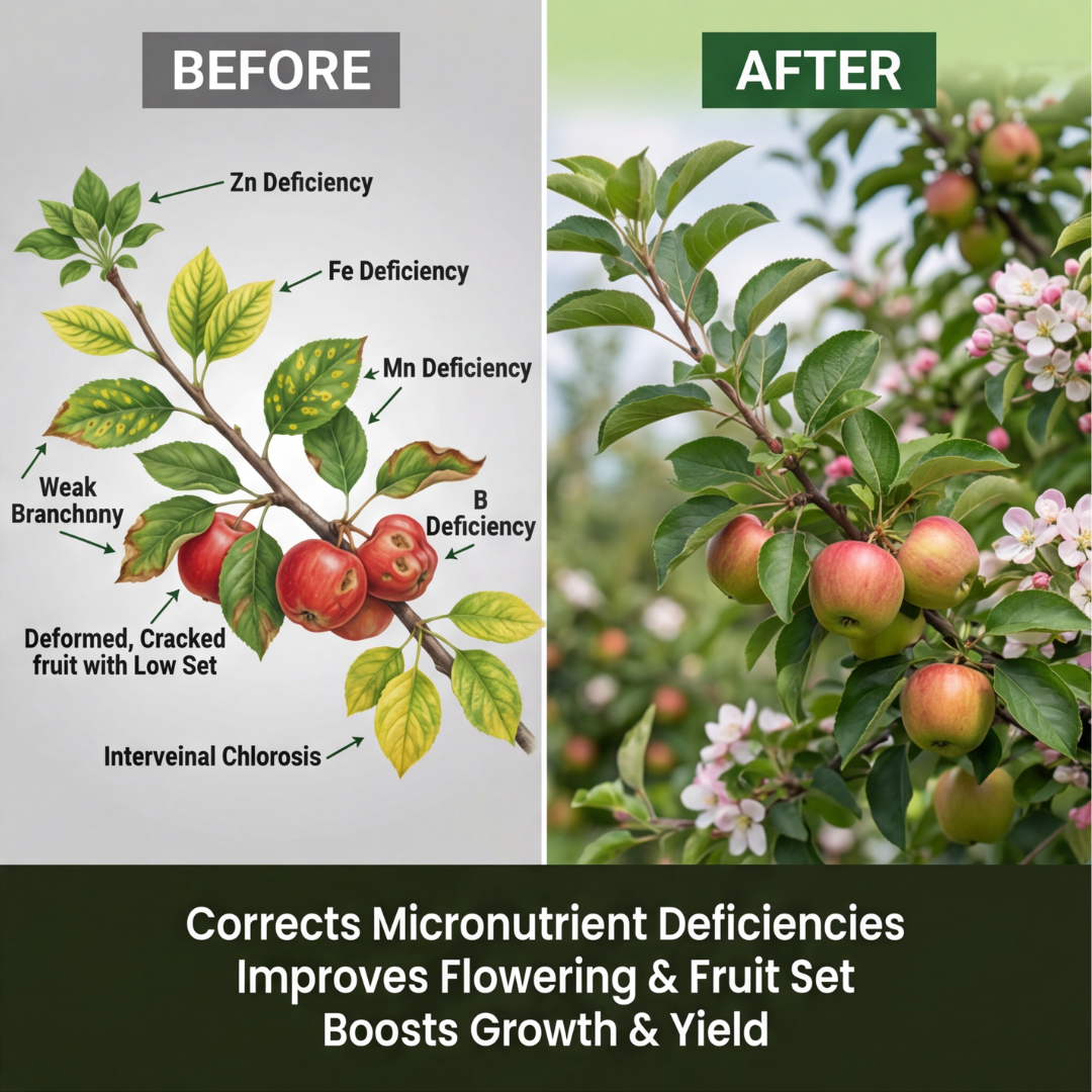 Apple Special Micronutrient Fertilizer  (सेब | ಸೇಬು | ఆపిల్ | ஆப்பிள் | ആപ്പിൾ)  EDTA Chelated 100% Water Soluble Fertilizer – 400g per Acre