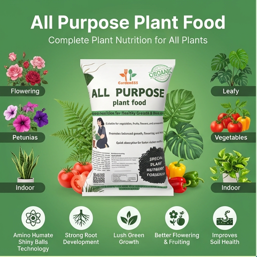 All Purpose Plant Food packaging with application guide and benefits on a green background